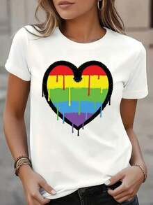 White Round Neck T-Shirt K With Rainbow Heart Print, 100% Casual Wear, Oversized T-Shirt For Women, Summer Clothing For Women, Oversized T-Shirt - 白色 - 查看 1