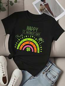 Women's Casual White T-Shirt With Rainbow Shamrock Print To Celebrate St. Patrick's Day - 黑色 - 查看 3