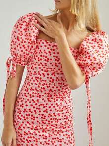 Vestido vacacional floral 2026, cuello barco, manga pompom, corte ajustado largo estilo francés - Rojo - Ver 4