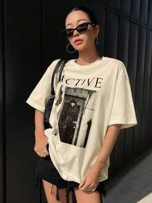 Camiseta oversize con gráfico de letras y hombros caídosPure-Cotton - Albaricoque - Ver 5