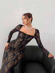 Vestido negro ajustado hasta el suelo con cuello corsé ahuecado y mangas largas con encaje en forma de S sexy para mujer para fiestas, citas y banquetes de otoño/invierno nuevo - Negro 3 - Ver 1