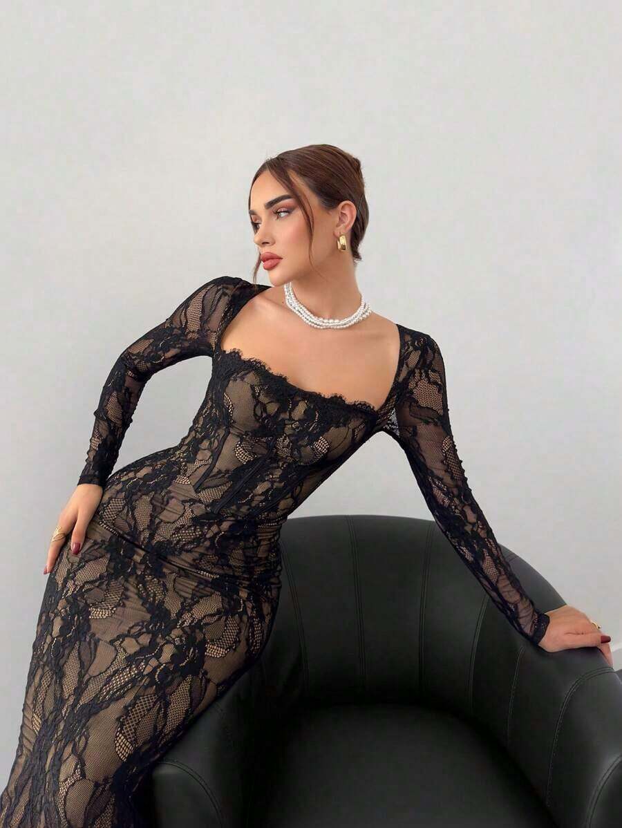 Vestido negro ajustado hasta el suelo con cuello corsé ahuecado y mangas largas con encaje en forma de S sexy para mujer para fiestas, citas y banquetes de otoño/invierno nuevo - Negro 3 - Ver 1