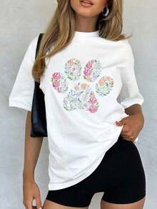 And  Women's Basic T-Shirt | Women's Floral Print T-Shirt | Rose Pattern Design | 100% Cotton Fabric | Soft And Comfortable | Perfect For Everyday Wear And As A Gift | Unisex Crew Neck T-Shirt | Made In Mexico | Domestic Shipping Men's T-Shirt Women's Tops Sweatshirts Y2k T-Shirt Shirt - 白色 - 查看 1