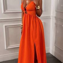 Women's Sexy Spaghetti Strap Backless Criss-Cross Front Hollow U-Shaped Buckle Ruched Hem High Slit Dress Women Vacation Dress Orange Maxi Dress - Rojo - Ver 5