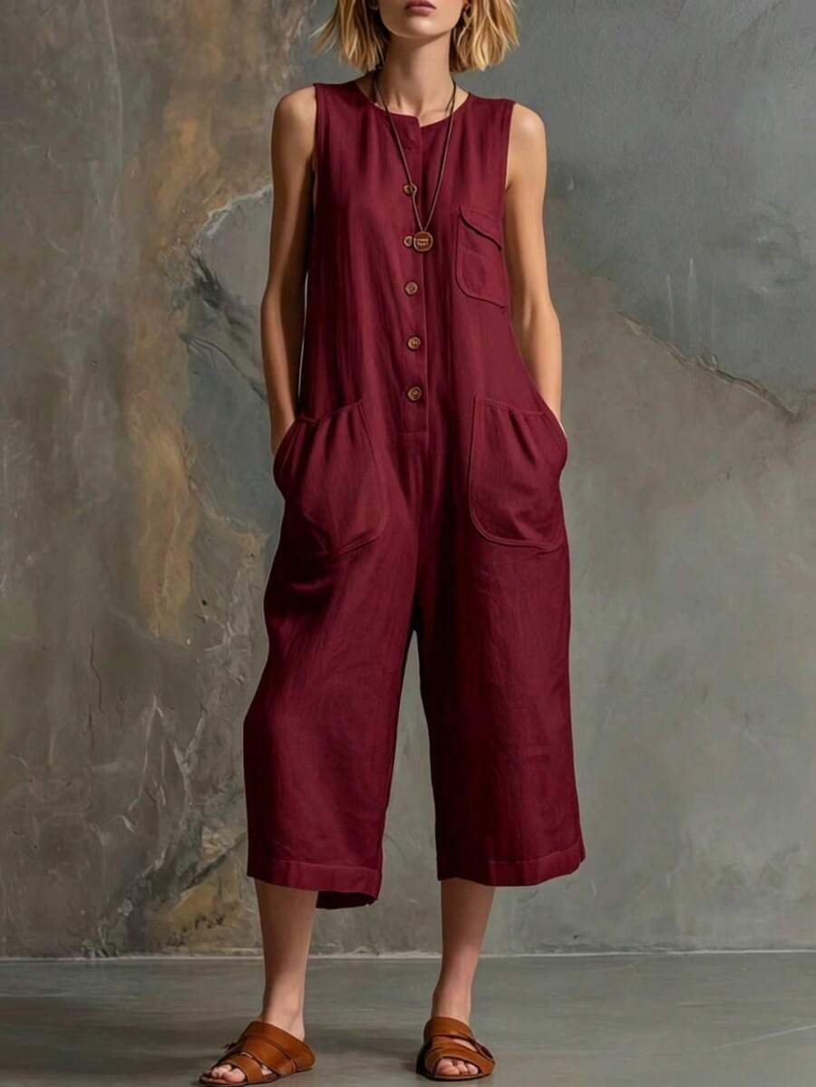 New Spring-Summer Jumpsuit For Women, Retro Casual Style, Sleeveless, White, Linen And Cotton, 3/4 Wide Leg, Flattering Design, Perfect For Daytime Looks, Walks And Holidays - 酒紅色 - 查看 1
