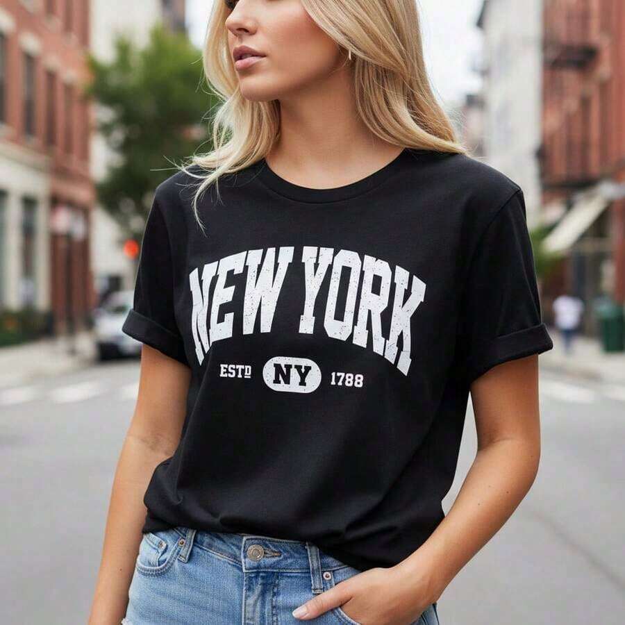 Women's Cotton T-Shirt With "NEW YORK ESTD 1788" Print, Classic Round Neck, Short Sleeve, Casual Style, Loose Fit, Sizes S-5XL, Vintage Letter Print For Everyday Wear, In Black And White. - 黑色 - 查看 1