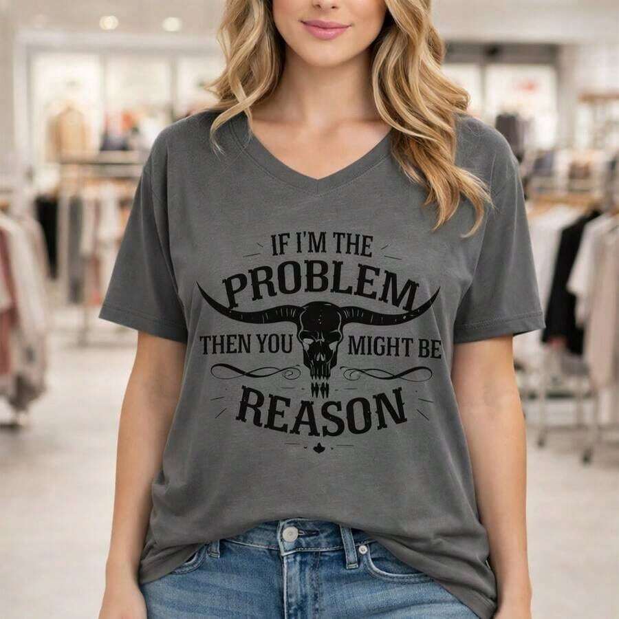 Camiseta de Algodón para Mujer, Tallas Grandes, M-5XL, Estampado Gráfico "Si yo soy el problema, entonces tú podrías ser la razón", Manga Corta, Corte Holgado Casual, Cuello Redondo, Camiseta Suave y Cómoda para Uso Diario, Negra - Gris Oscuro - Ver 1
