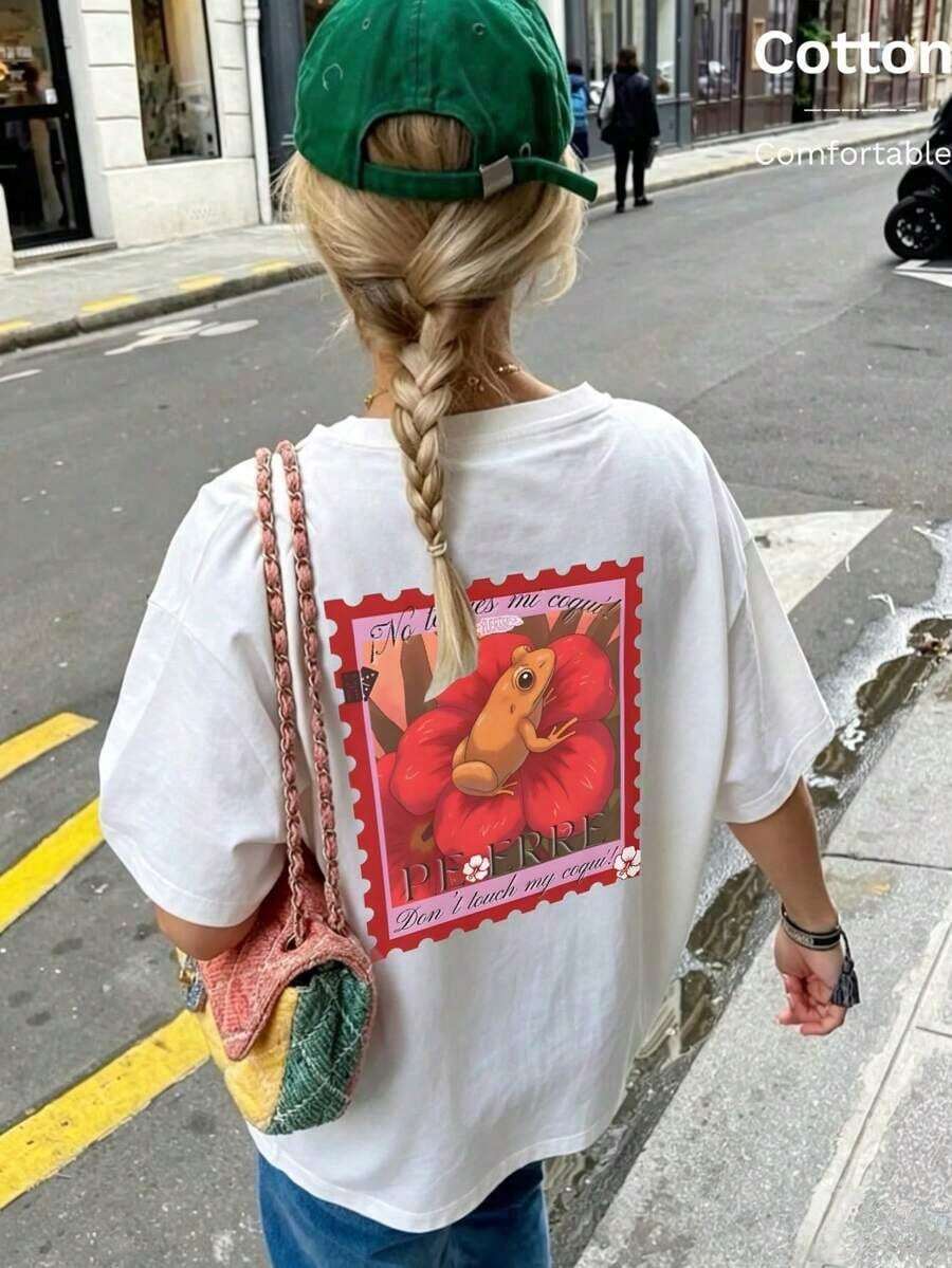 Camiseta para Mujer con Estampado Minimalista, Cuello Redondo, Manga Corta, Diseño Oversized, Ideal para Uso Diario - Blanco - Ver 1