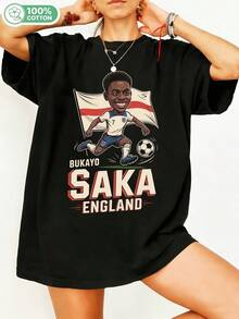 100% Cotton Bukayoo Sakaa England Football Graphic T-Shirt #7 Three Lions Retro Football T-Shirt, Casual Short Sleeve Sports Fan Top With Crew Neck, Oversized Streetwear. - Black - View 1