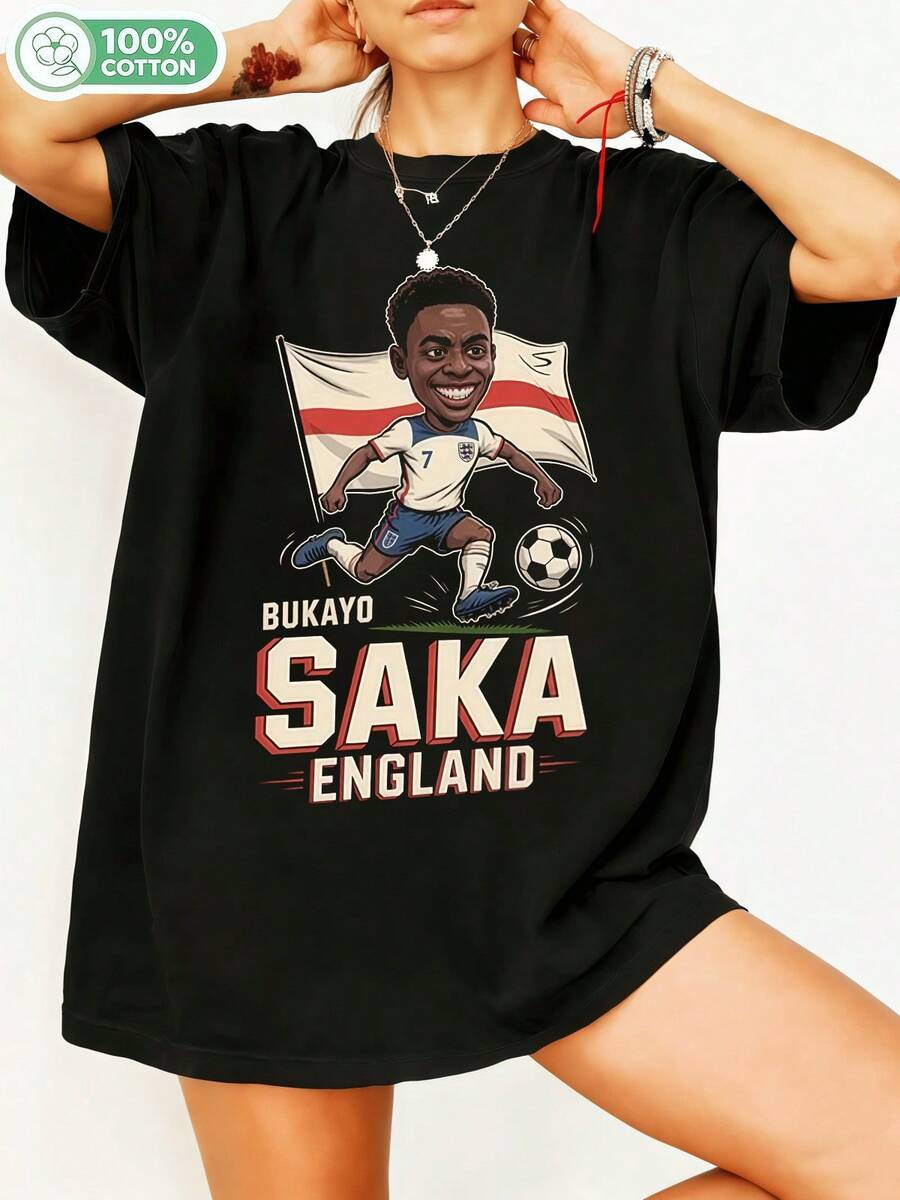 100% Cotton Bukayoo Sakaa England Football Graphic T-Shirt #7 Three Lions Retro Football T-Shirt, Casual Short Sleeve Sports Fan Top With Crew Neck, Oversized Streetwear. - Black - View 1