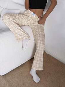 Pantalones de estar por casa rectos de cintura elástica con estampado de cuadros para mujer, para invierno - Caqui - Ver 6