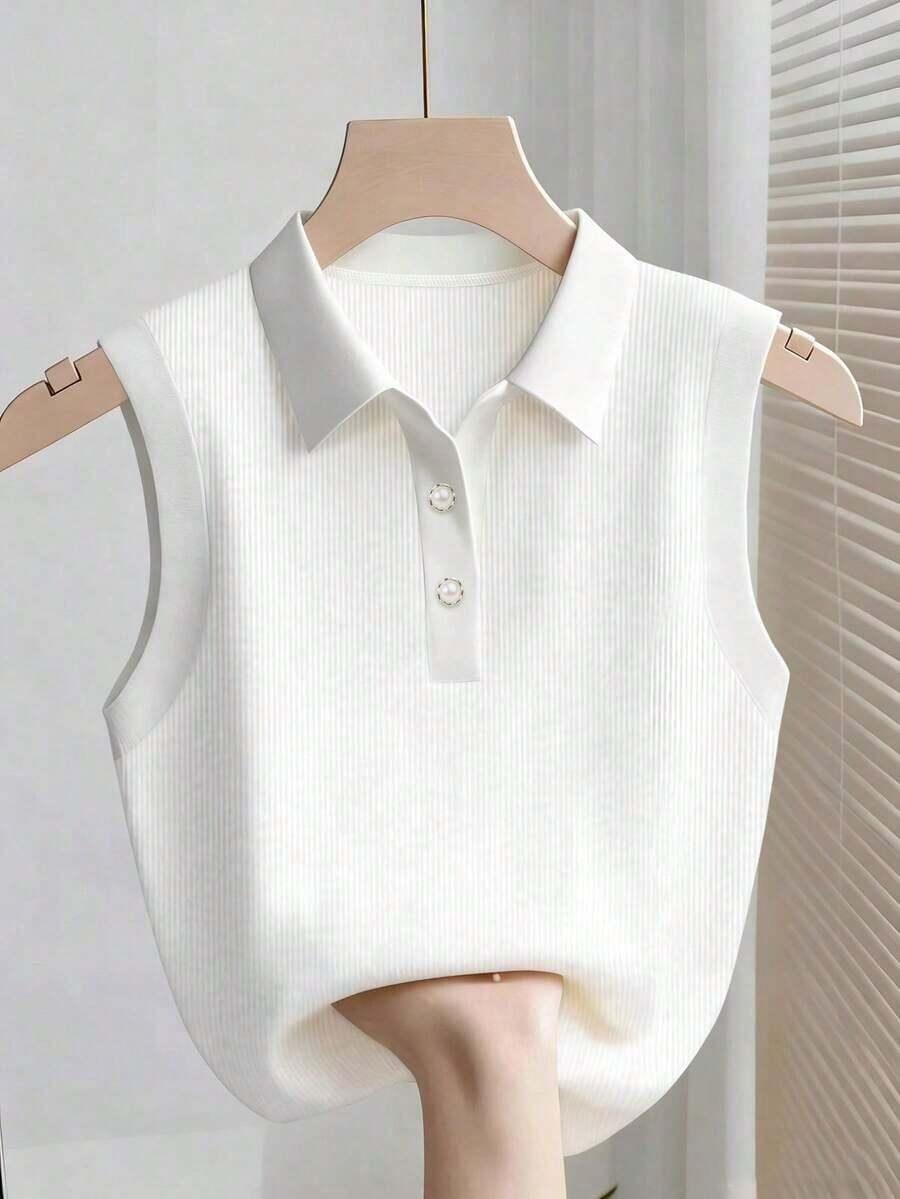 Camiseta sin mangas de mujer de punto acanalado, elegante y de moda - Blanco - Ver 1