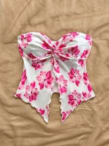 Nuevo estilo de top tubo de punto estampado rosa con dobladillo retorcido asimétrico y espalda descubierta para playa, resort, festival de música y verano bohemio para mujeres - Rosa Pálido - Ver 5