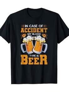 Camiseta divertida para amantes de la cerveza - Si algo mal, mi grupo sanguíneo es cerveza, estampado gráfico, diseño negro y naranja, corte regular, cuello redondo, camiseta casual para hombres y mujeres, lavable a máquina para todas las estaciones, regalo perfecto para los amantes de la cerveza - Negro - Ver 1