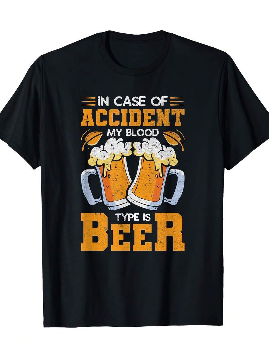 Camiseta divertida para amantes de la cerveza - Si algo mal, mi grupo sanguíneo es cerveza, estampado gráfico, diseño negro y naranja, corte regular, cuello redondo, camiseta casual para hombres y mujeres, lavable a máquina para todas las estaciones, regalo perfecto para los amantes de la cerveza - Negro - Ver 1