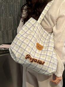 New Plaid Canvas Tote Bag, Large Capacity, Cute Bear Head Embroidery, Versatile Shoulder Bag For Students And Commuting - Multicolor - View 17