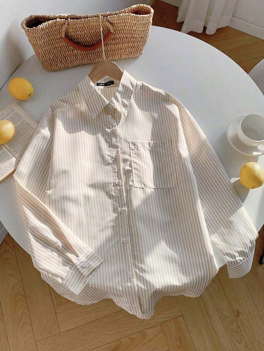 Camisa con estampado de rayas de hombros caídos - Albaricoque - Ver 1