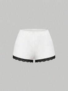 Conjunto de pijama casual de camiseta de tirantes acanalada y shorts con encaje - Blanco y Negro - Ver 8