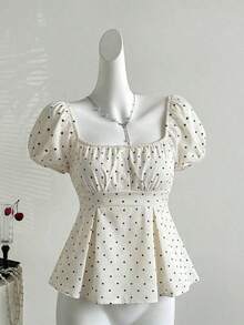 Sweetro Blusa de mujer con cuello en V, manga de pétalos y lunares blancos, estilo francés para primavera/verano - Albaricoque 2 - Ver 3