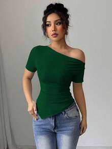 Camiseta de punto elástica de corte asimétrico con hombros oblicuos y volantes para mujer, de primavera/verano, camiseta de señora cómoda y de moda - Verde - Ver 3