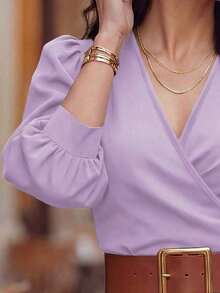 Blusa corta de mujer con cuello en V, manga de pétalo con lunares, cintura ceñida, nueva para primavera/verano - Púrpura malva - Ver 4