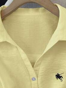 Camisa blanca sin mangas con cuello polo bordado para mujer, de primavera/verano, de estilo casual - Amarillo - Ver 4