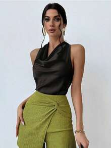 Blusa de mujer simple y elegante en tono albaricoque con cuello en V y corbata en la cintura. - Negro - Ver 3