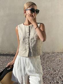 Chaqueta ajustada sin mangas de cuello redondo de unicolor para mujer, primavera y verano - Caqui - Ver 8