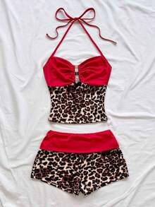 2 piezas Conjunto de camiseta de tirantes y pantalones cortos de punto a rayas con hebilla de metal, estilo casual de vacaciones, adecuado para fiesta, San Valentín, cita, discoteca, bohemio, vacaciones, otoño, ropa de mujer, vintage, días fest - Multicolor - Ver 3