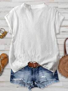 Camisa de mujer de unicolor con cuello en V, casual y versátil para uso diario - Blanco 3 - Ver 2
