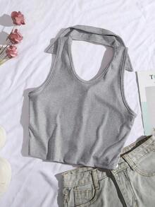 Blusa sin mangas con cuello polo y escote en V para mujer, de estilo casual y chic para la calle, en color marrón - Gris Claro - Ver 2