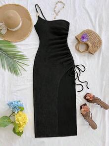 Vestido de mujer con textura de gofre tejido, diseño ajustado con abertura y cordón, adecuado para fiesta, cita, sexy, té de la tarde, playa, verano, festival de música, temporada de bodas - Negro - Ver 4