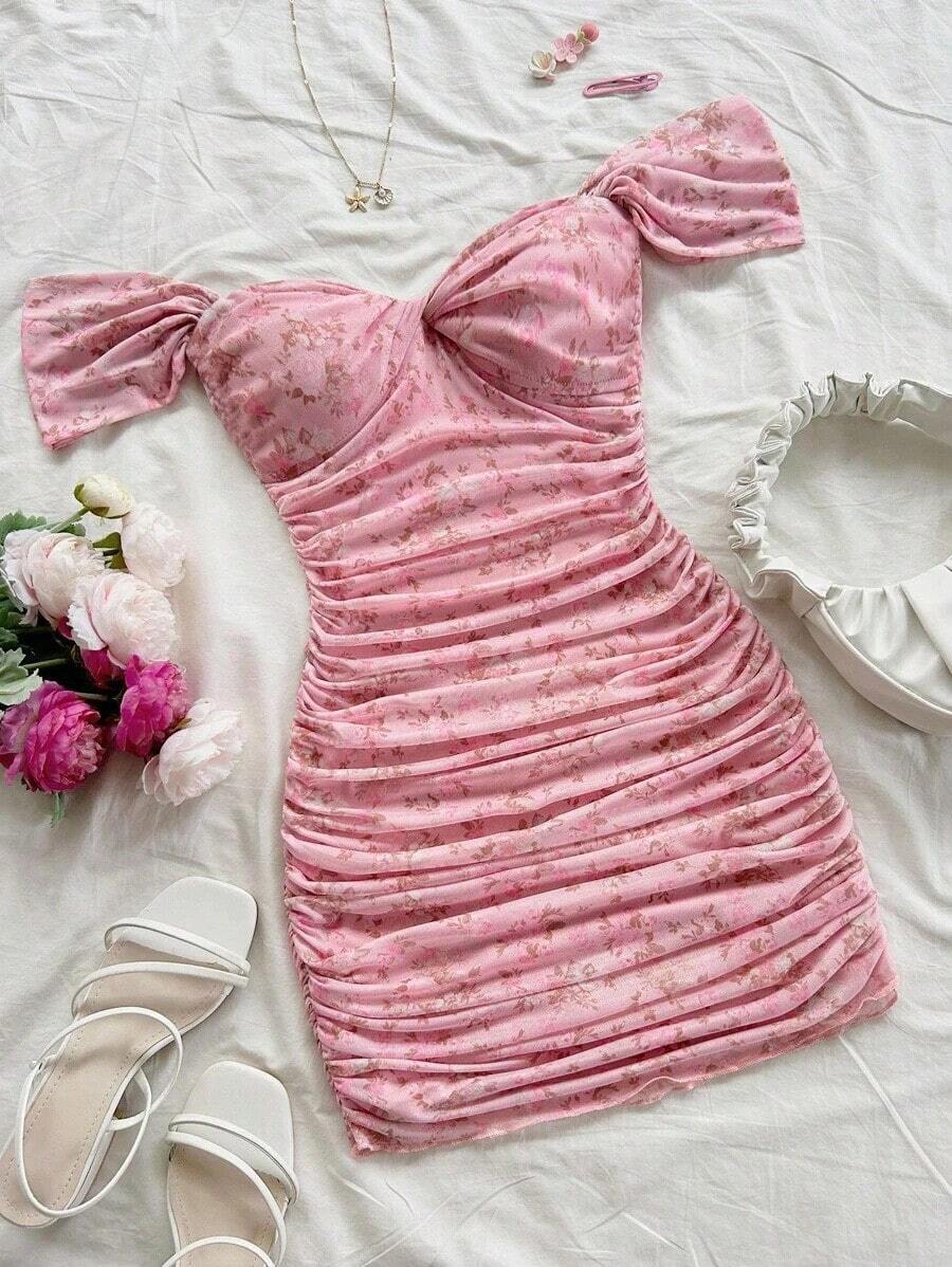 Vestido mini ajustado de punto con escote de hombros descubiertos, para vacaciones - Multicolor 3 - Ver 1
