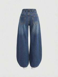Jeans sencillos de uso diario con estampado de bigotes de gato para niñas adolescentes - Azul lavado medio 3 - Ver 2