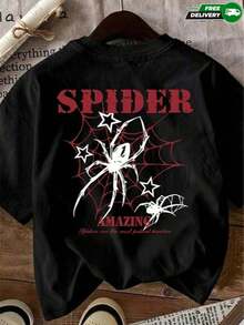 Camiseta de manga corta para mujer con cuello redondo, corte holgado, con estampado en la parte posterior de arañas, telaraña, letras "SPIDER AMAZING" y estrellas decorativas, apta para uso diario, salidas casuales, fines de semana, vacaciones, eventos temáticos y reuniones informales, fabricada en poliéster, de estilo casual streetwear urbano alternativo, ideal para usar en primavera y verano. Envío nacional dentro del país. - Negro - Ver 1
