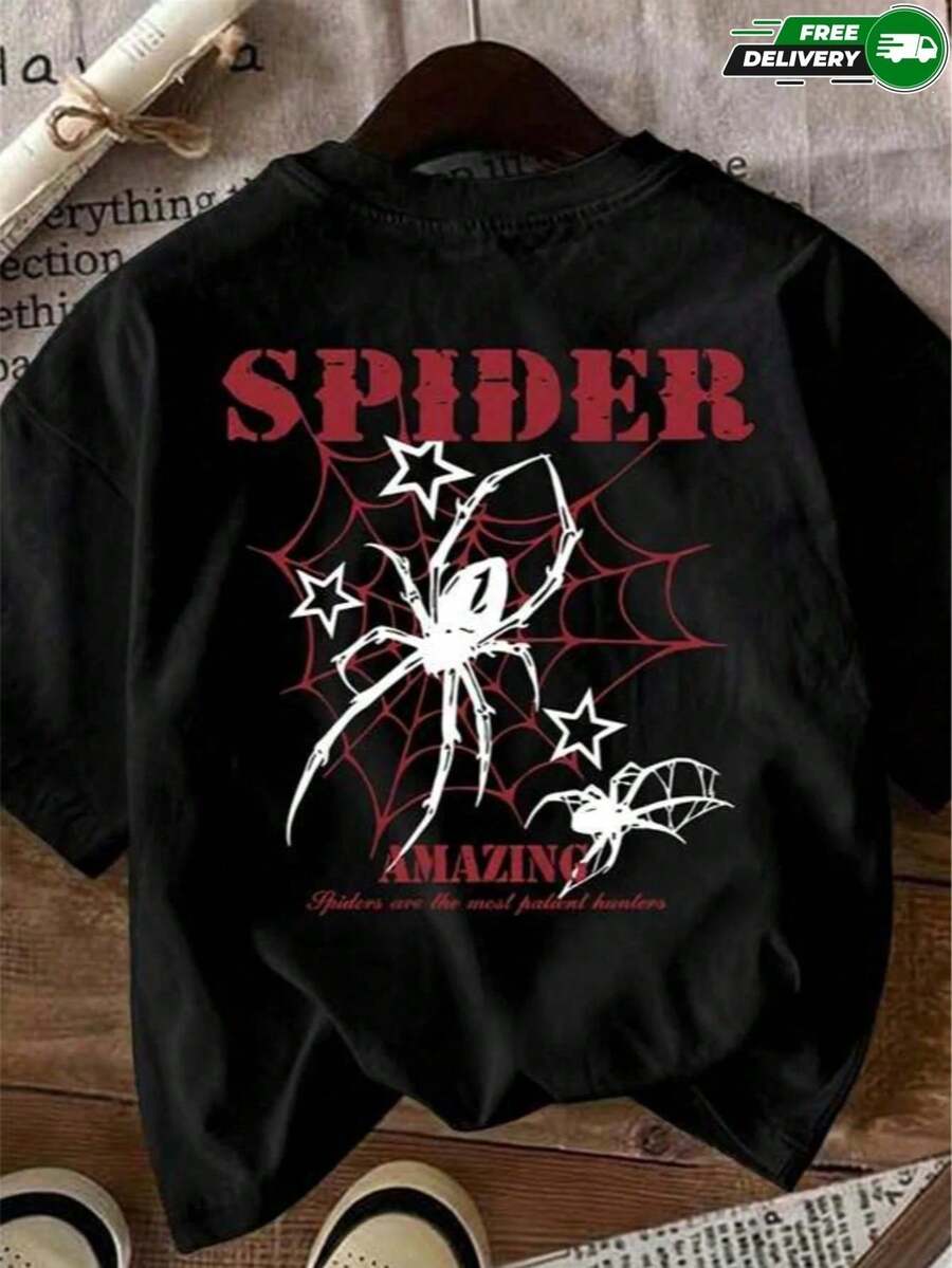 Camiseta de manga corta para mujer con cuello redondo, corte holgado, con estampado en la parte posterior de arañas, telaraña, letras "SPIDER AMAZING" y estrellas decorativas, apta para uso diario, salidas casuales, fines de semana, vacaciones, eventos temáticos y reuniones informales, fabricada en poliéster, de estilo casual streetwear urbano alternativo, ideal para usar en primavera y verano. Envío nacional dentro del país. - Negro - Ver 1