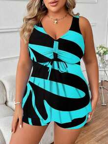 Swim Lushoire Vestido de baño con estampado de mármol para playa de talla grande y pantalones cortos de baño sólidos - Negro - Ver 3
