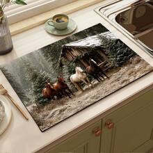 1pc Vintage Tree House Print Absorbent Mat/Dish Drying Mat - Polyester Absorbent Desktop Protective Mat With Rubber Anti-Slip Pad, For Kitchen Counter Decor, Home Bar And Dining Table - Multicolor - View 4