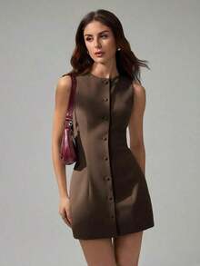 Tall Vestido mini elegante de unicolor con cuello redondo y sin mangas para mujer - Marrón - Ver 7
