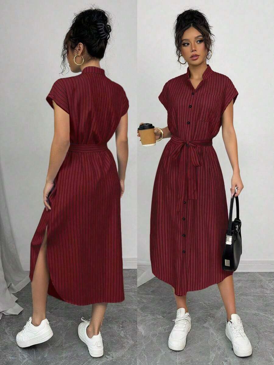 Vestido casual y elegante para el trabajo, vacaciones y viajes, con estilo antiguo, estampado de leopardo, botones delanteros, cinturón con moño, bolsillo, aberturas laterales, contraste de tejido, manga corta, nuevo para el verano 2025 - Burdeos - Ver 1