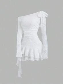 Sweetro Vestido asimétrico con hombro y bajo asimétricos, con encaje, estilo Y2K sexy - Blanco - Ver 1