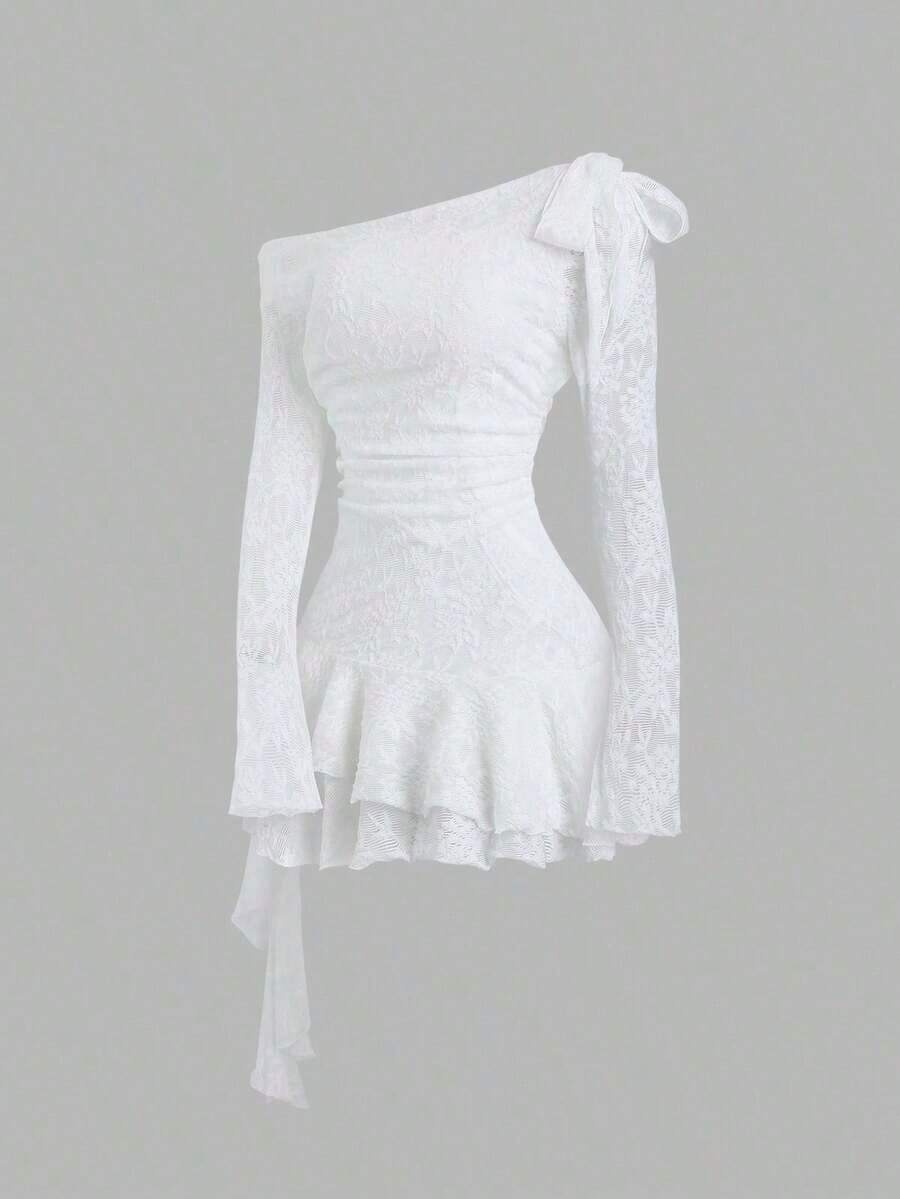 Sweetro Vestido asimétrico con hombro y bajo asimétricos, con encaje, estilo Y2K sexy - Blanco - Ver 1