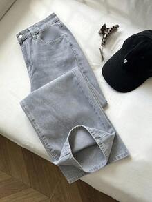 Jeans de mezclilla casuales y cómodos de pierna ancha con bolsillos para mujer - Gris - Ver 5