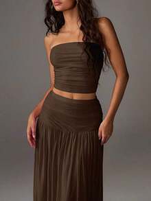 Unity Conjunto de 2 piezas de top corto de bustier de malla de unicolor y falda larga para mujer - Marrón - Ver 5