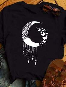 New Moon Butterfly Printed Women Tshirt Funny 90s Ulzzang Short Sleeves T Shirt Fashion Lady Yong Girls Gifts Shirts - 黑色 - 查看 1