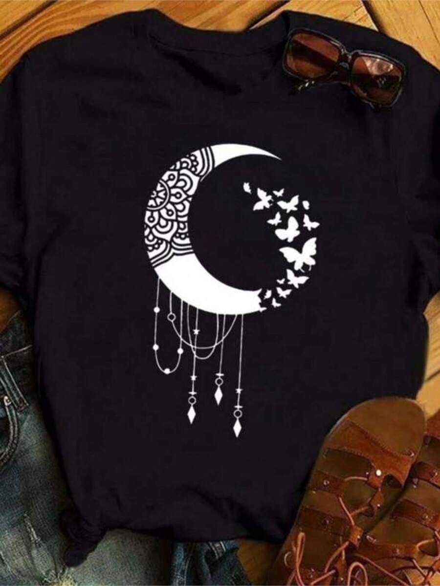 New Moon Butterfly Printed Women Tshirt Funny 90s Ulzzang Short Sleeves T Shirt Fashion Lady Yong Girls Gifts Shirts - 黑色 - 查看 1