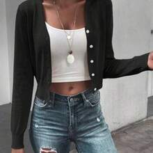 Short Button-Front Cardigan, Long Sleeve Top - Negro - Ver 1