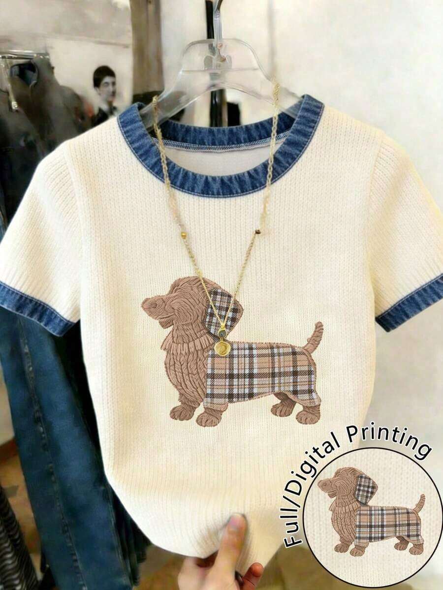 Camiseta de manga corta de mujer con cuello redondo, estampado de lunares, de uso casual y versátil para uso diario - Multicolor 7 - Ver 1