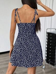 Vestido mini con tirantes de espagueti y estampado floral ditsy con lazo - Azul marino - Ver 2
