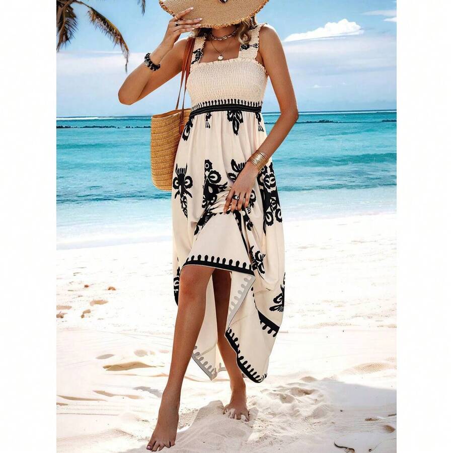 Women's Beach Dress, Holiday Style Printed Strapless Dress